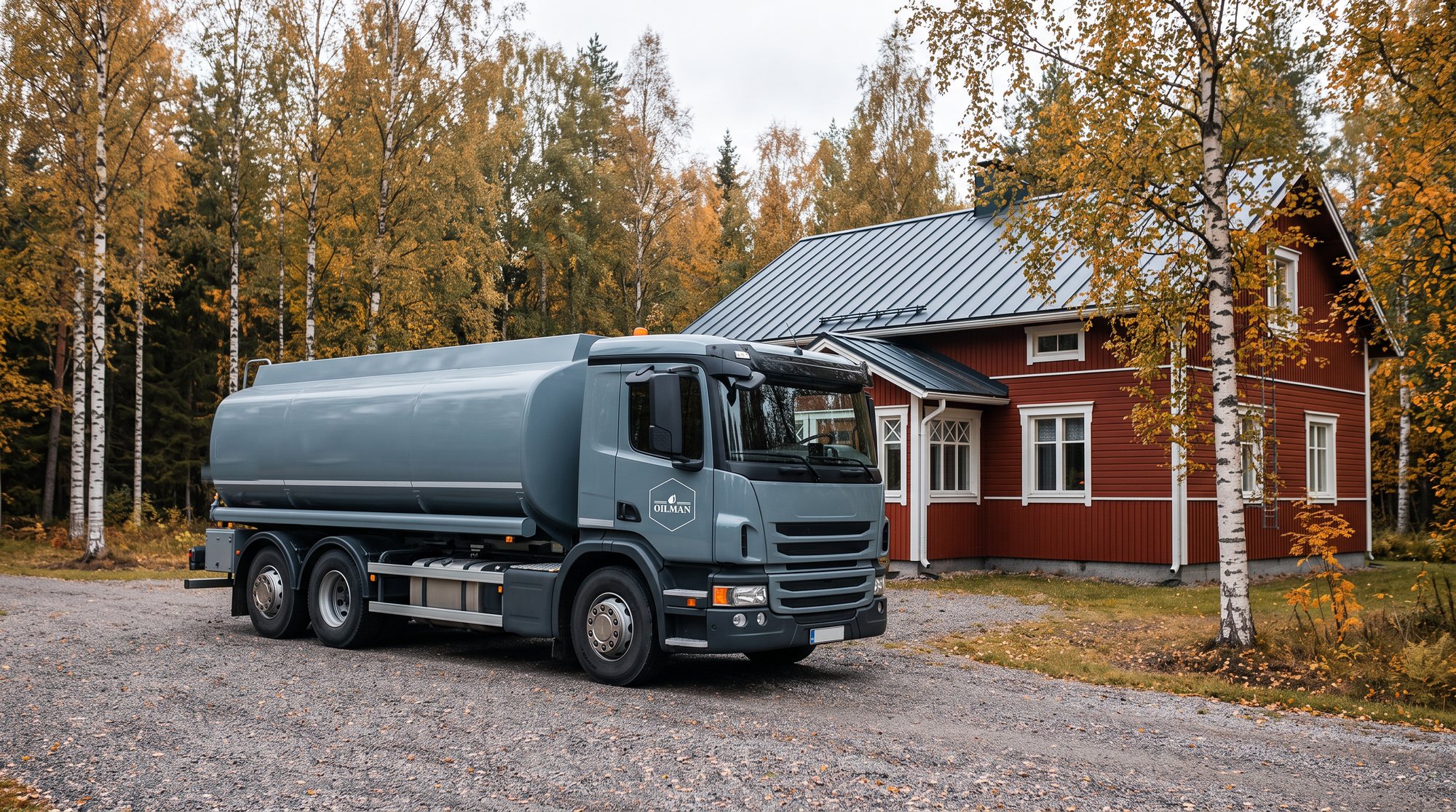 Oilmanin säiliöauto omakotitalon pihassa Uudellamaalla